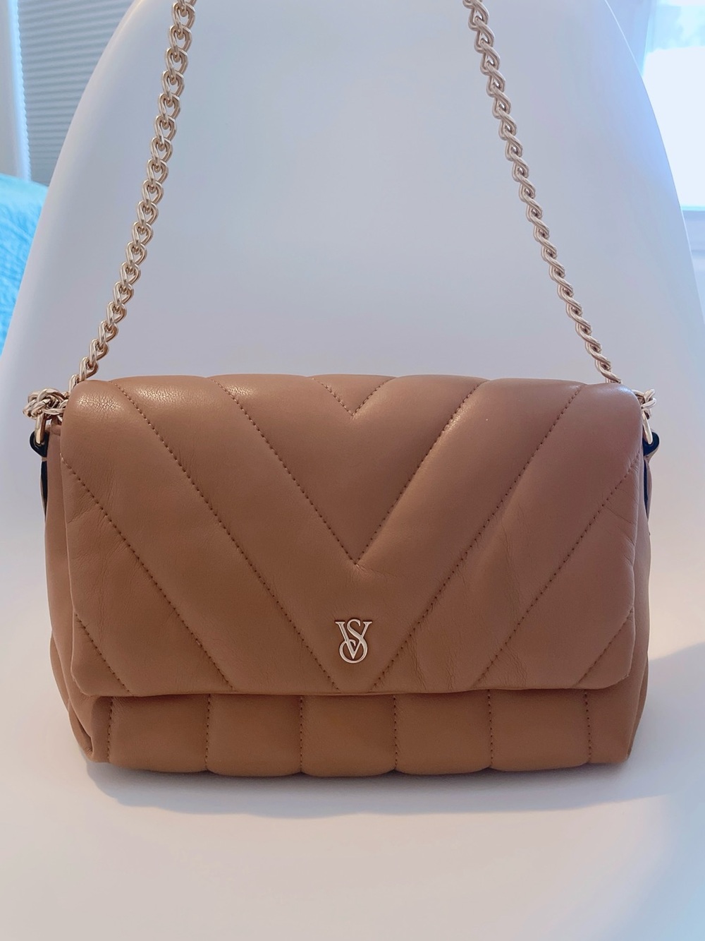 Victoria's Secret Medium Quilted Tan Shoulder Bag with Gold Chain Strap